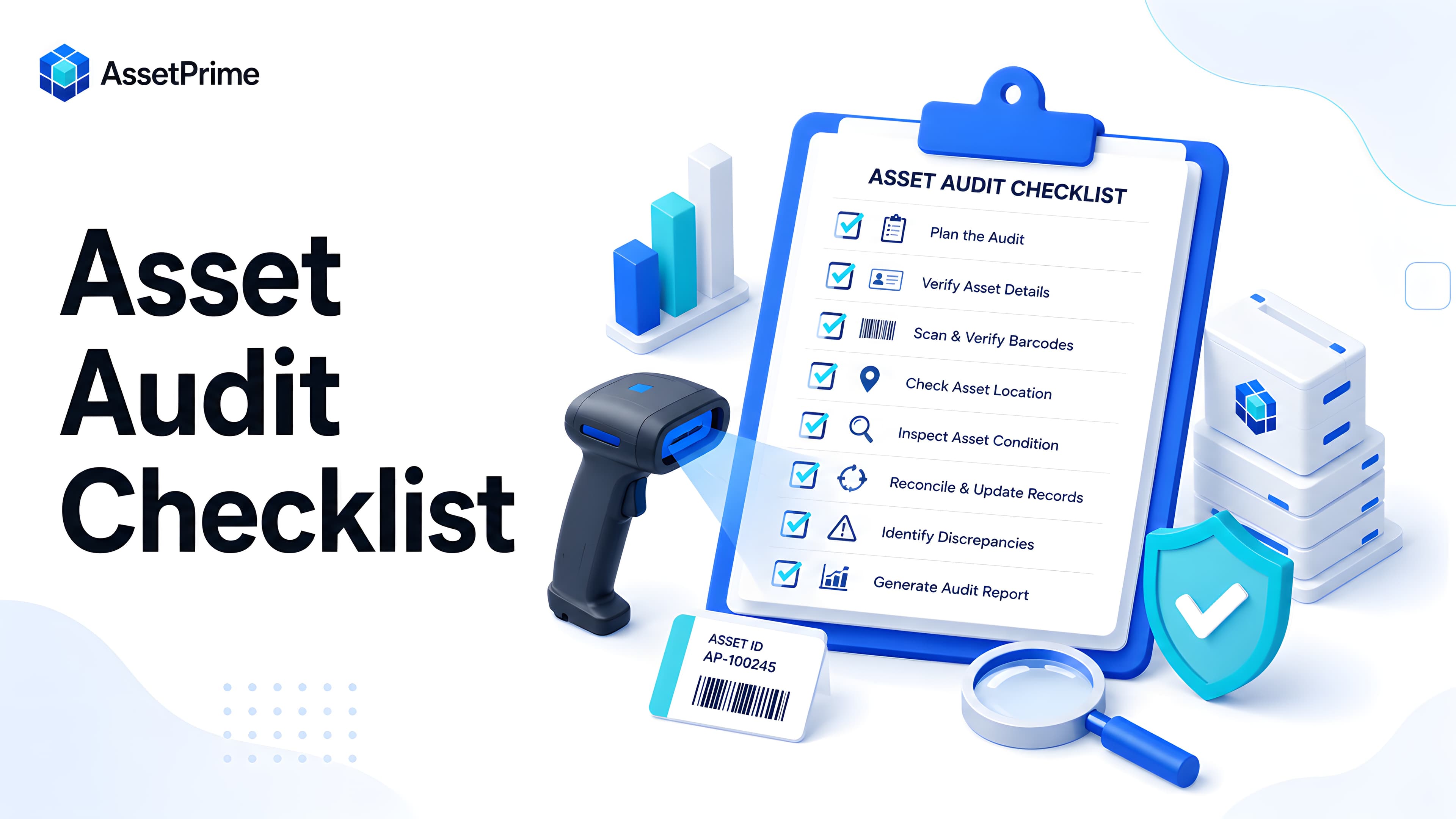 Premium editorial illustration of an asset audit checklist with barcode scanning, physical verification, location checks, custody review, exception handling, and audit reporting