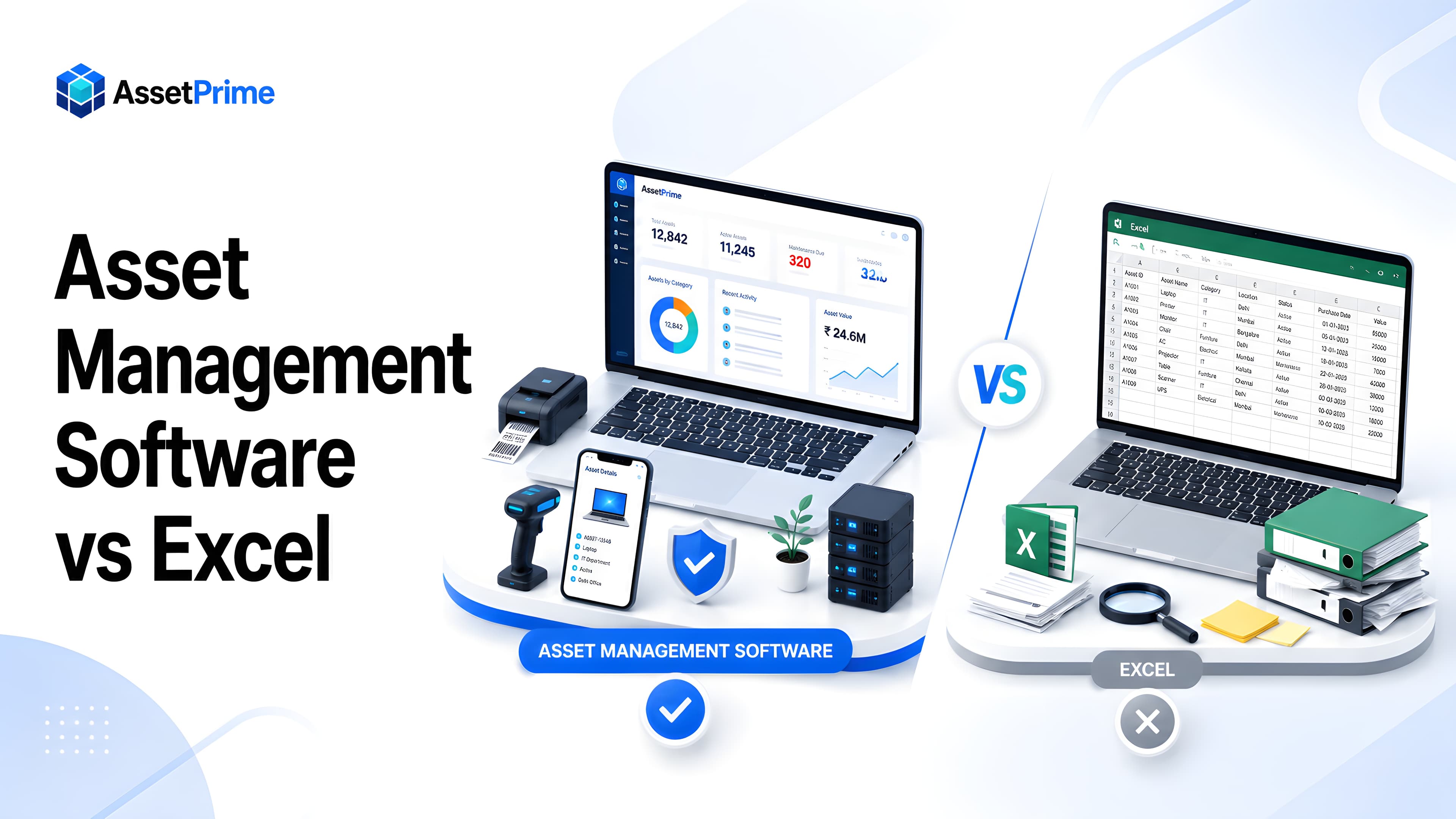 Editorial cover image comparing Excel spreadsheet asset tracking with modern asset management software