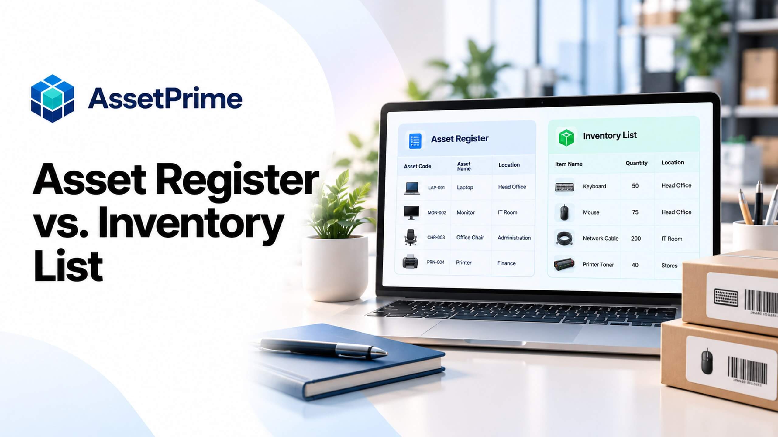 Conceptual illustration comparing an asset register and an inventory list in a modern workspace; not an AssetPrime product screenshot