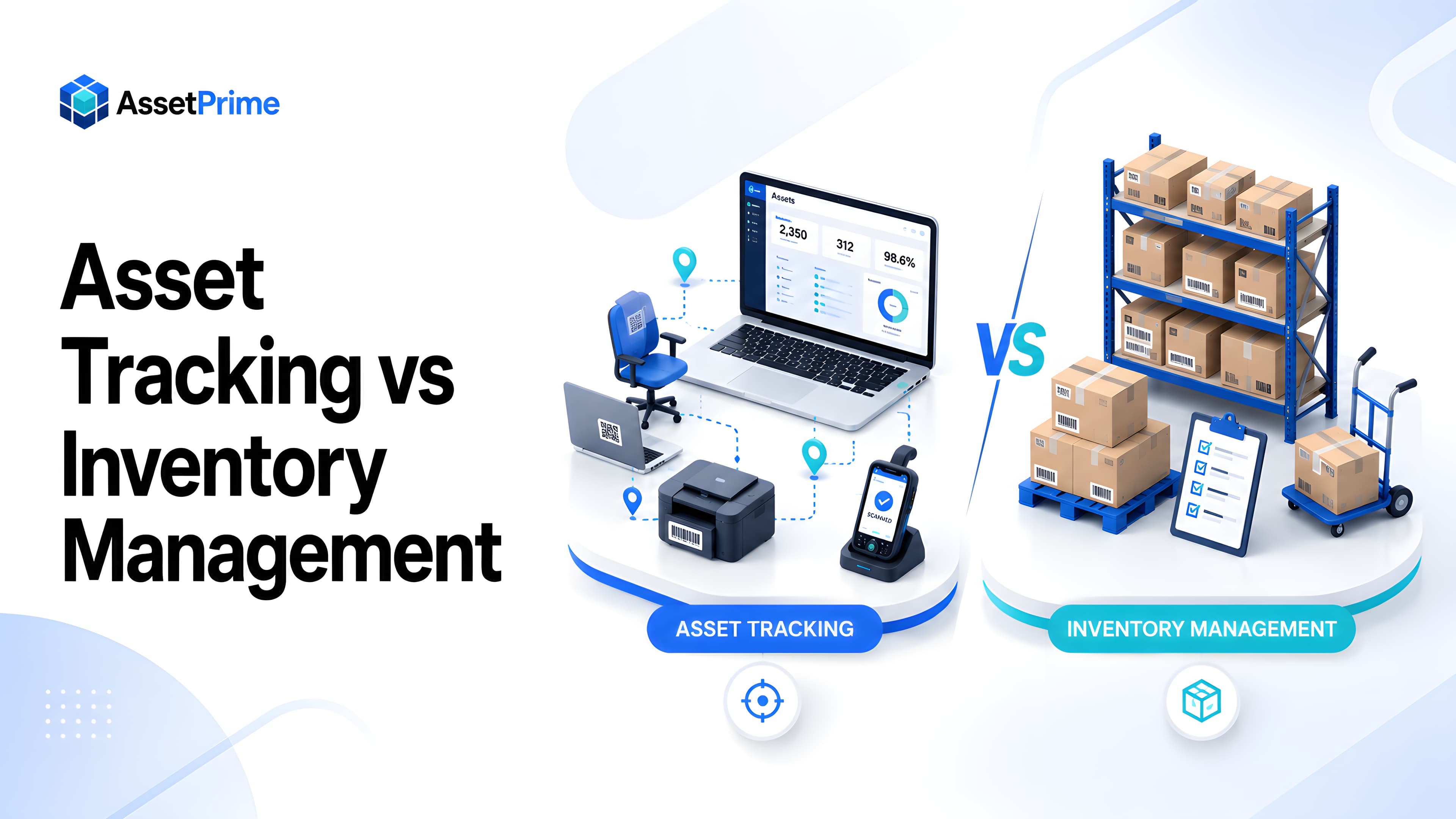 Premium editorial cover image comparing asset tracking and inventory management for modern business operations