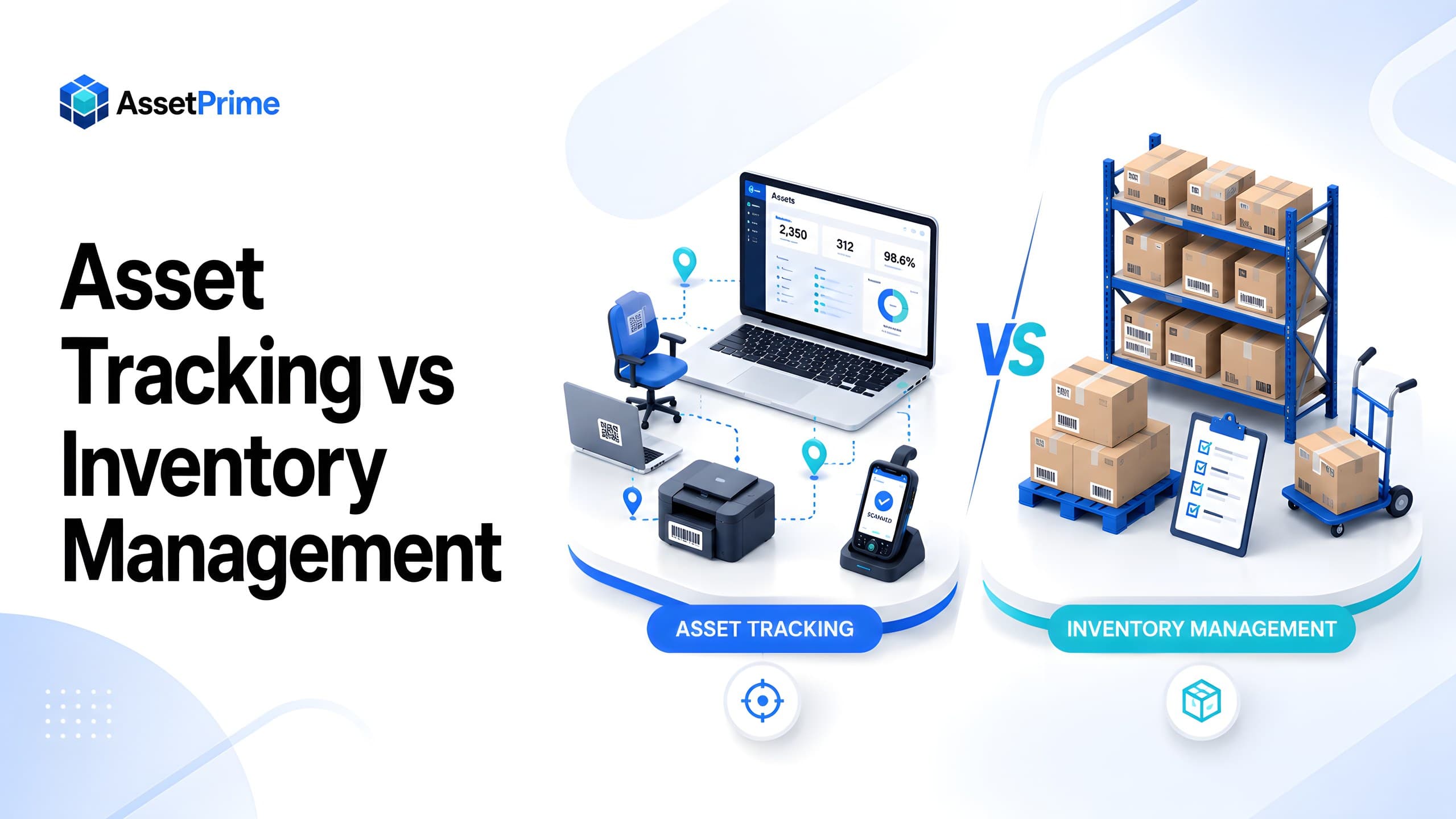 Premium editorial cover image comparing asset tracking and inventory management for modern business operations