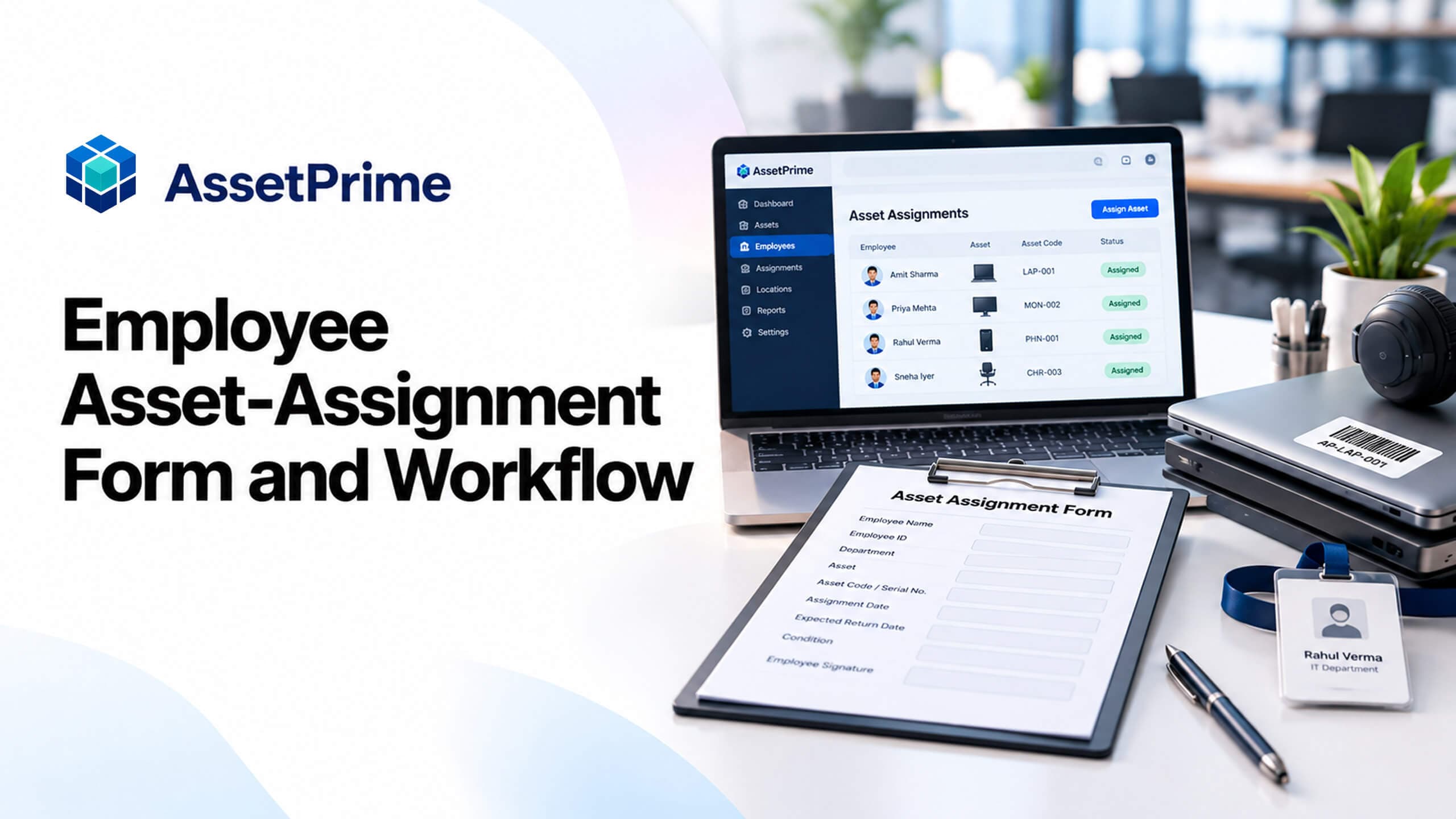 Editorial illustration of employee equipment handover with an illustrative assignment form, laptop and asset records; not an AssetPrime application screenshot