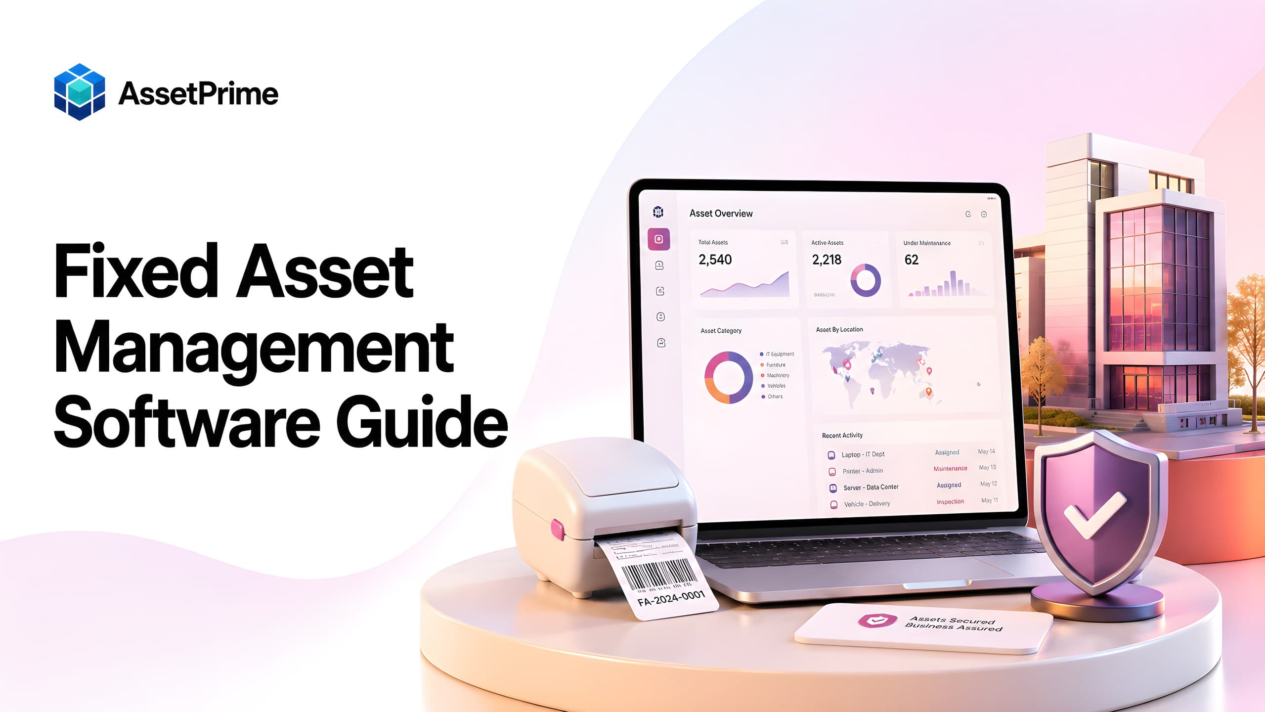 Premium fixed asset management software guide cover showing a centralized asset dashboard, barcode label, lifecycle records, and enterprise equipment