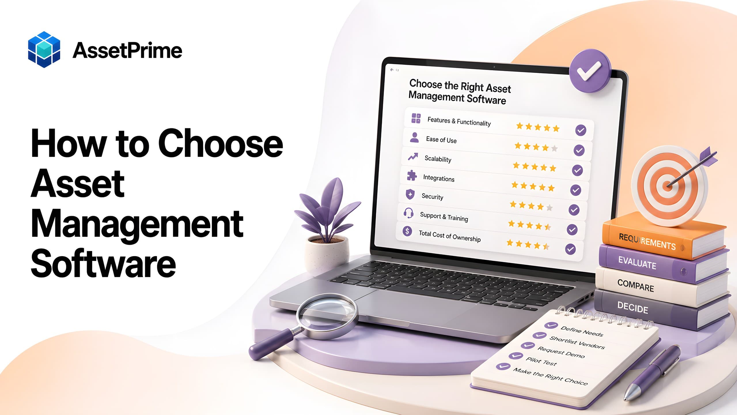 How to choose asset management software buyer guide cover showing enterprise software evaluation, asset workflows, reporting, security, and multi-location control