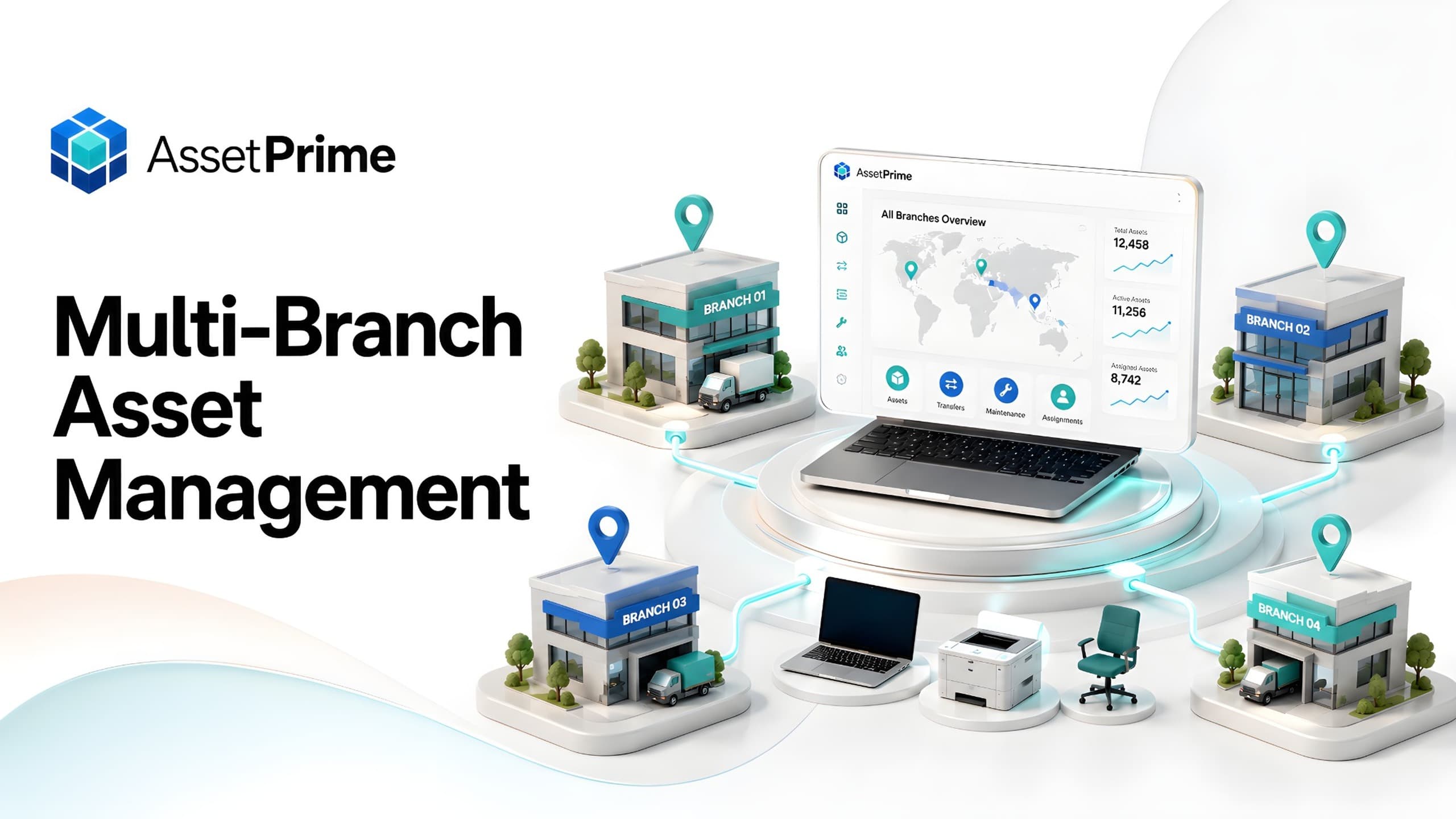 Multi-branch asset management guide showing centralized control of assets across branches, offices, warehouses, and operational locations