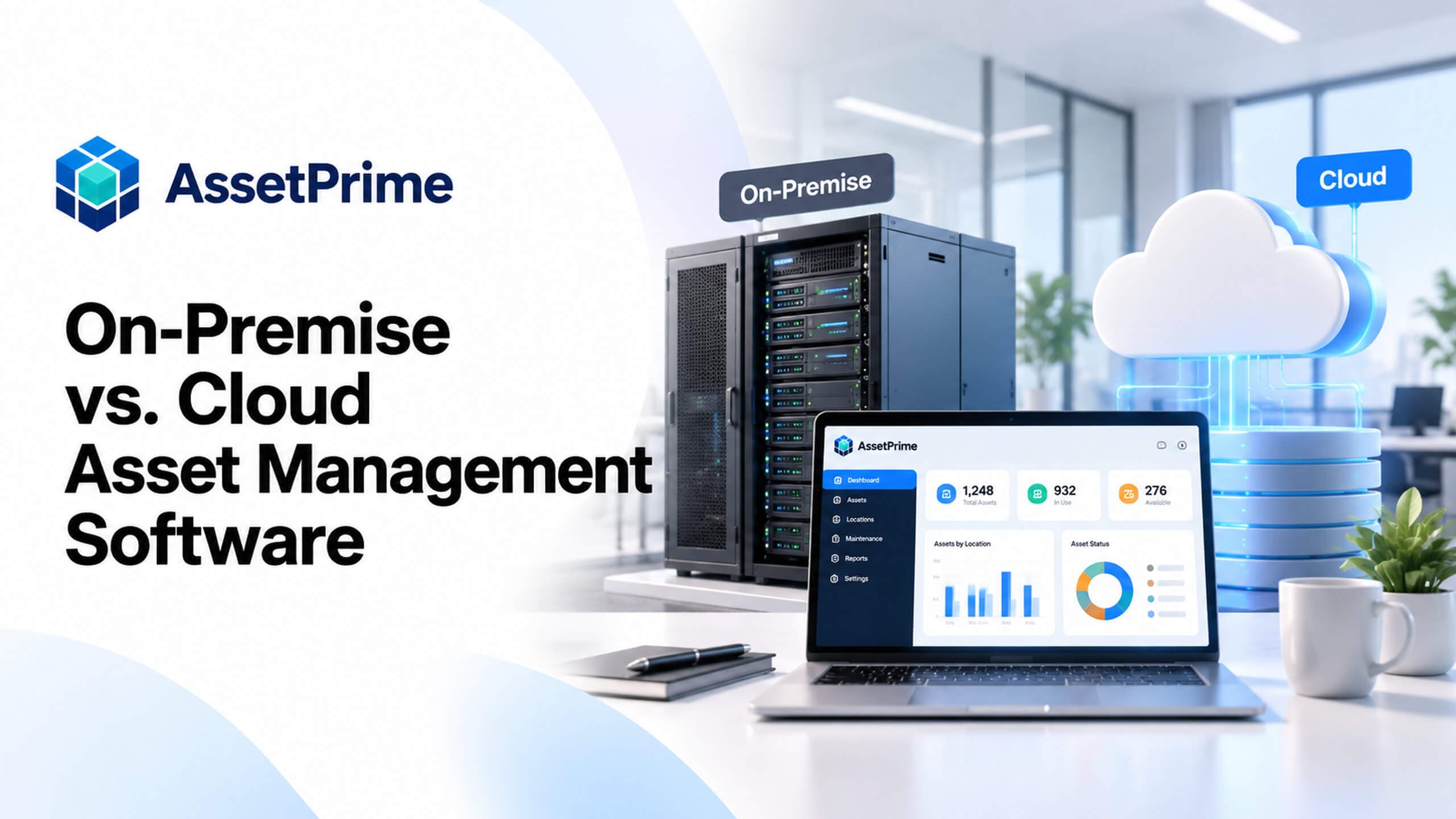 Conceptual editorial comparison of an on-premise server and cloud infrastructure with an illustrative software screen, not a screenshot of AssetPrime