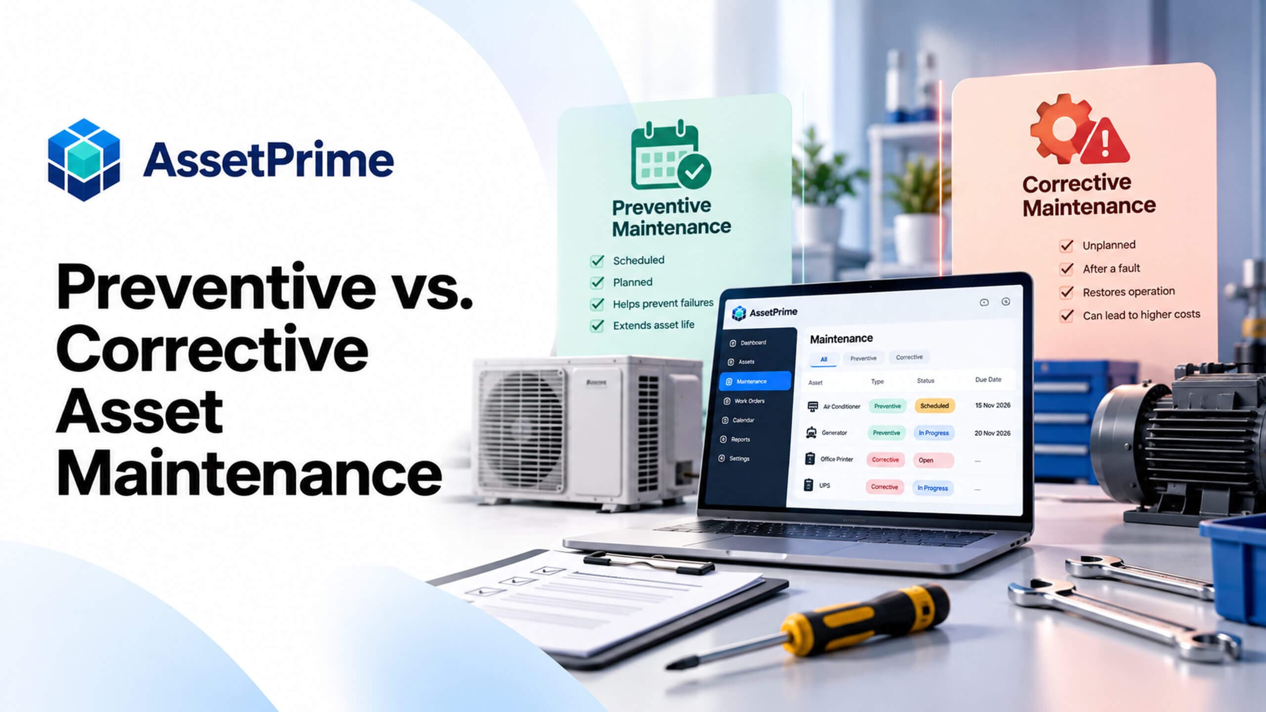 Conceptual editorial artwork comparing scheduled preventive servicing with fault-triggered corrective repairs; not an actual AssetPrime software screen