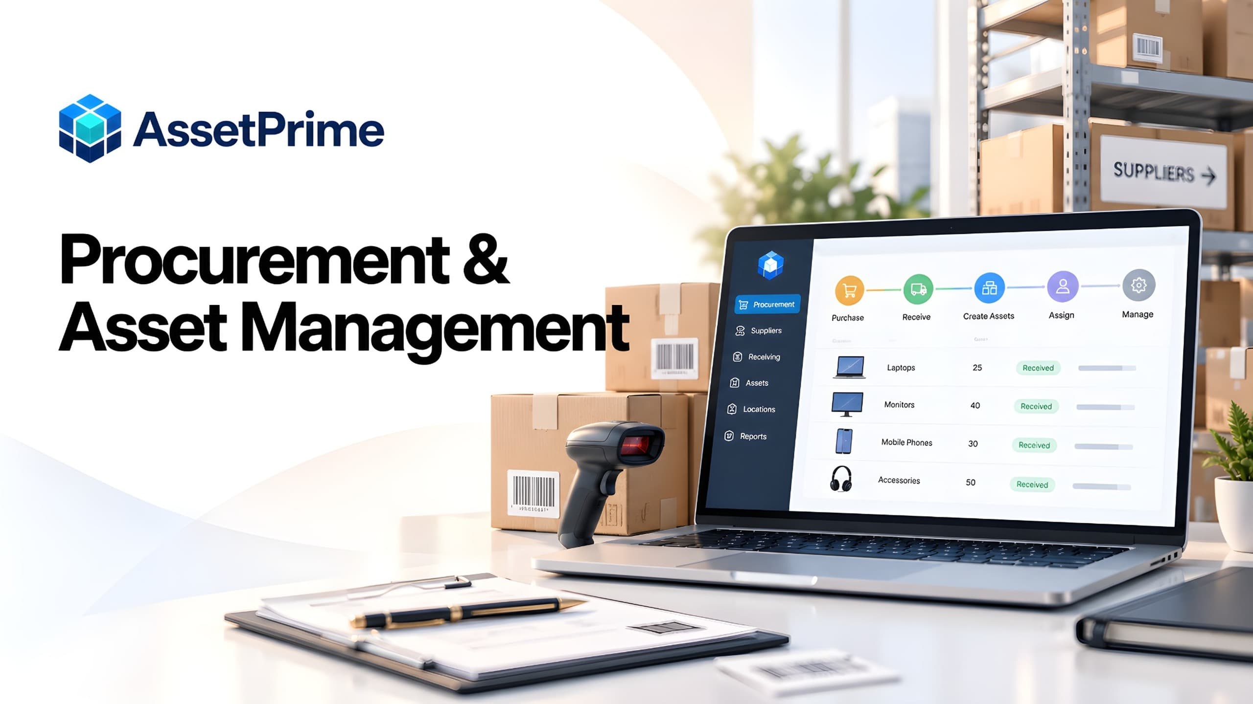 Procurement and asset management workflow connecting purchasing, receiving, stock and serialized asset lifecycle tracking