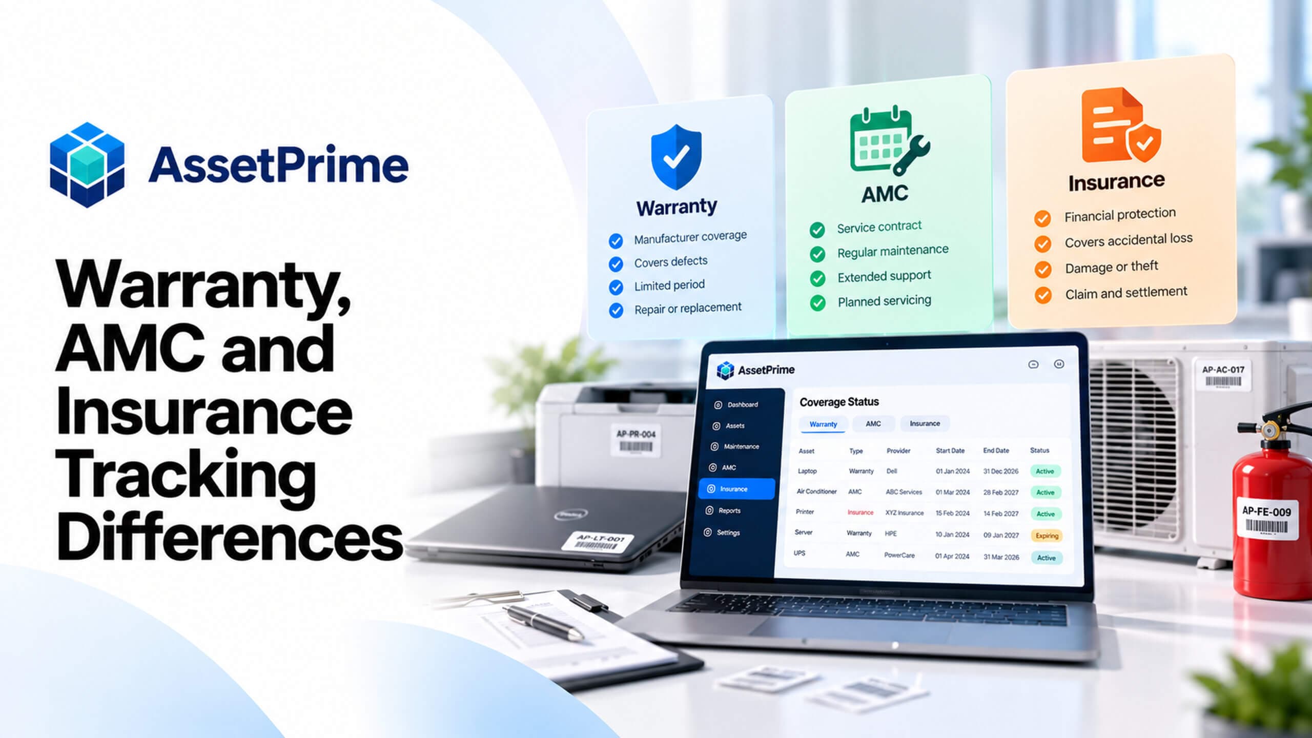 Conceptual editorial artwork illustrating warranty, AMC and insurance coverage records for equipment; not an actual AssetPrime application screen