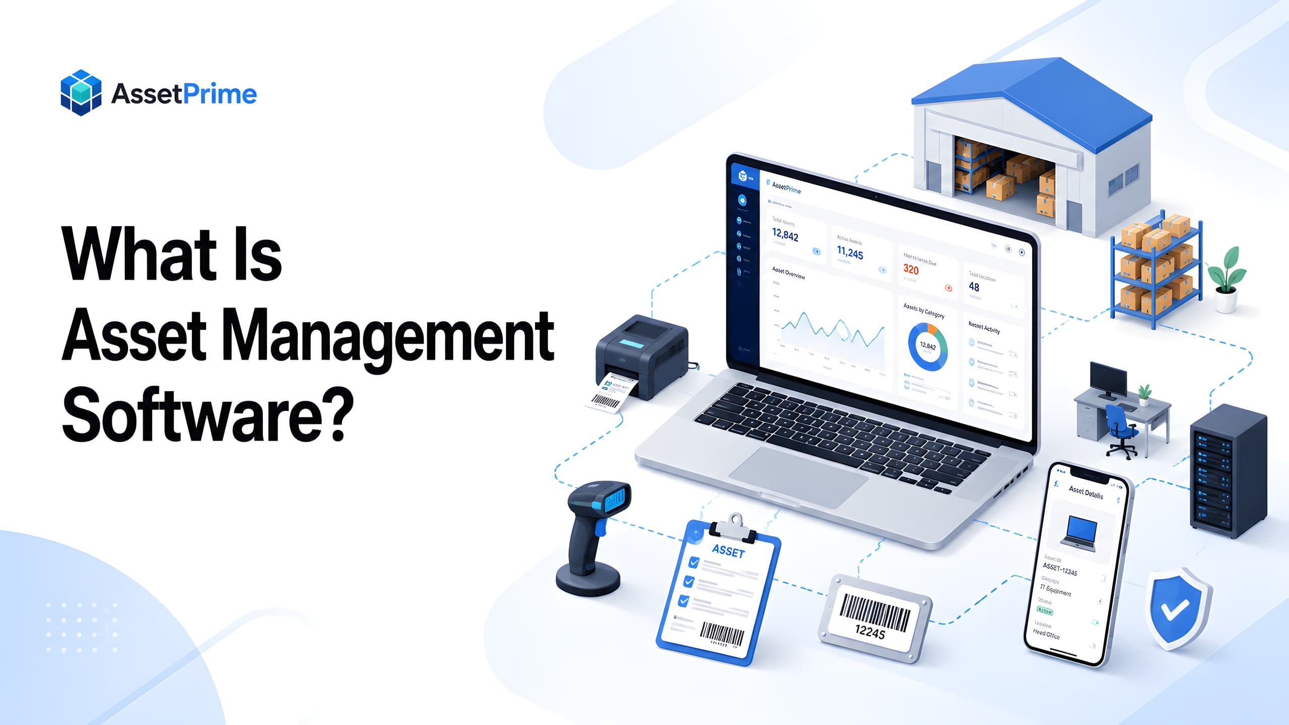 Complete asset management software guide cover image showing asset lifecycle, barcode tracking, maintenance, reporting, and multi-branch control