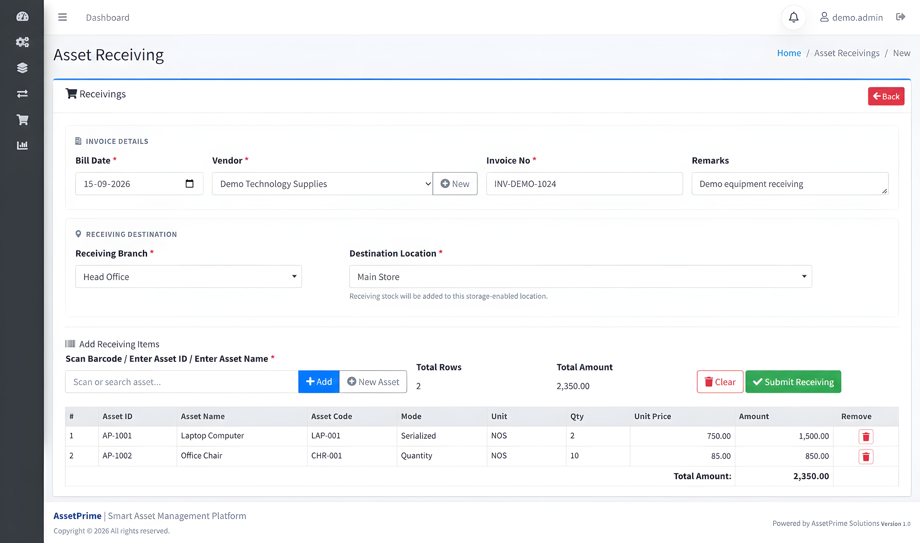 AssetPrime asset receiving screen with purchase and received-item details
