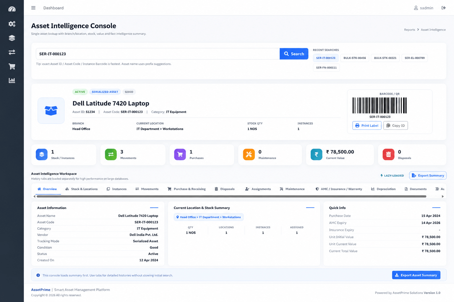 AssetPrime Asset Intelligence Console showing complete asset history and lifecycle visibility