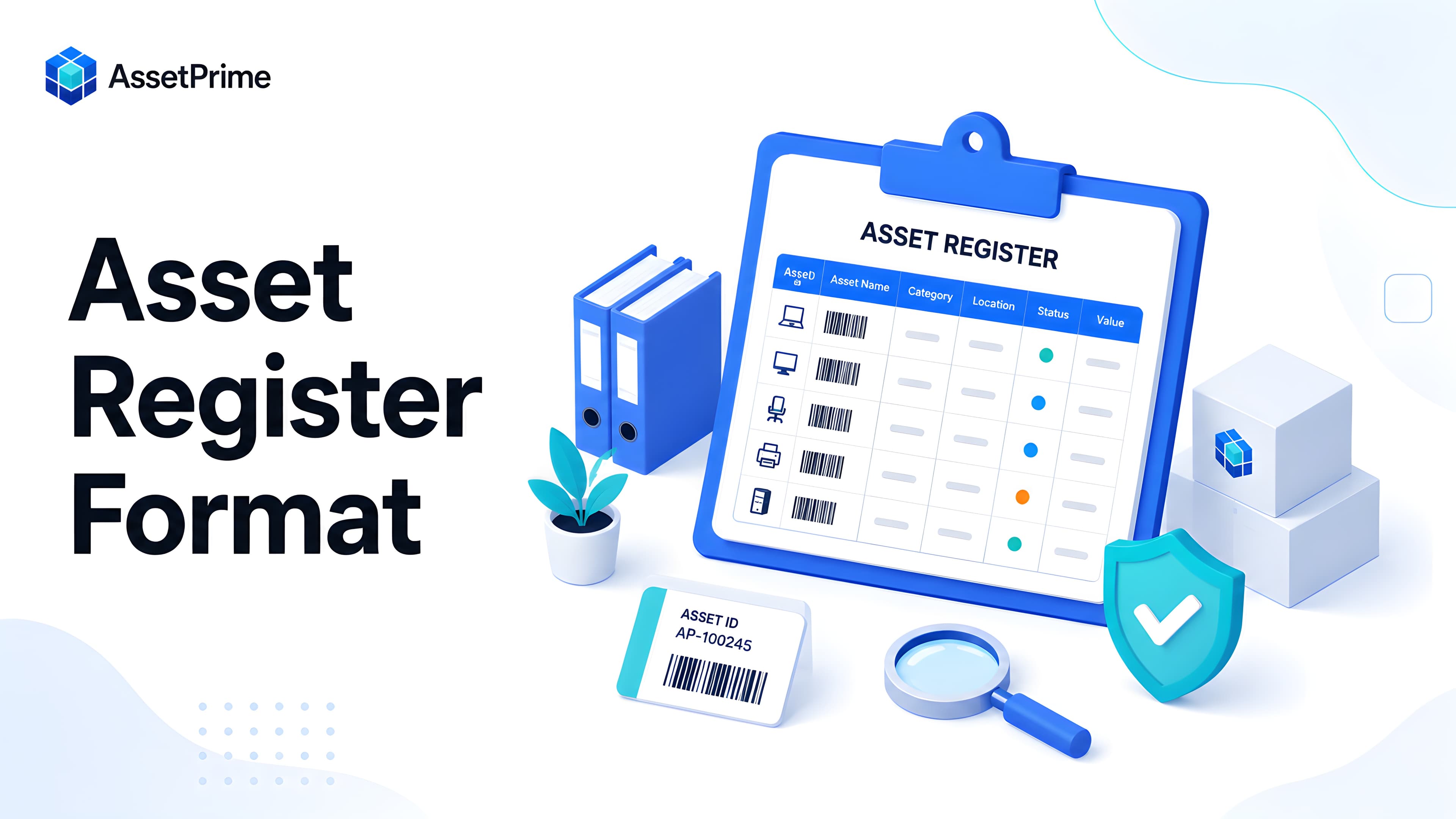 Premium editorial illustration of a digital asset register showing asset identity, barcode, location, ownership, value, lifecycle, maintenance, and audit fields