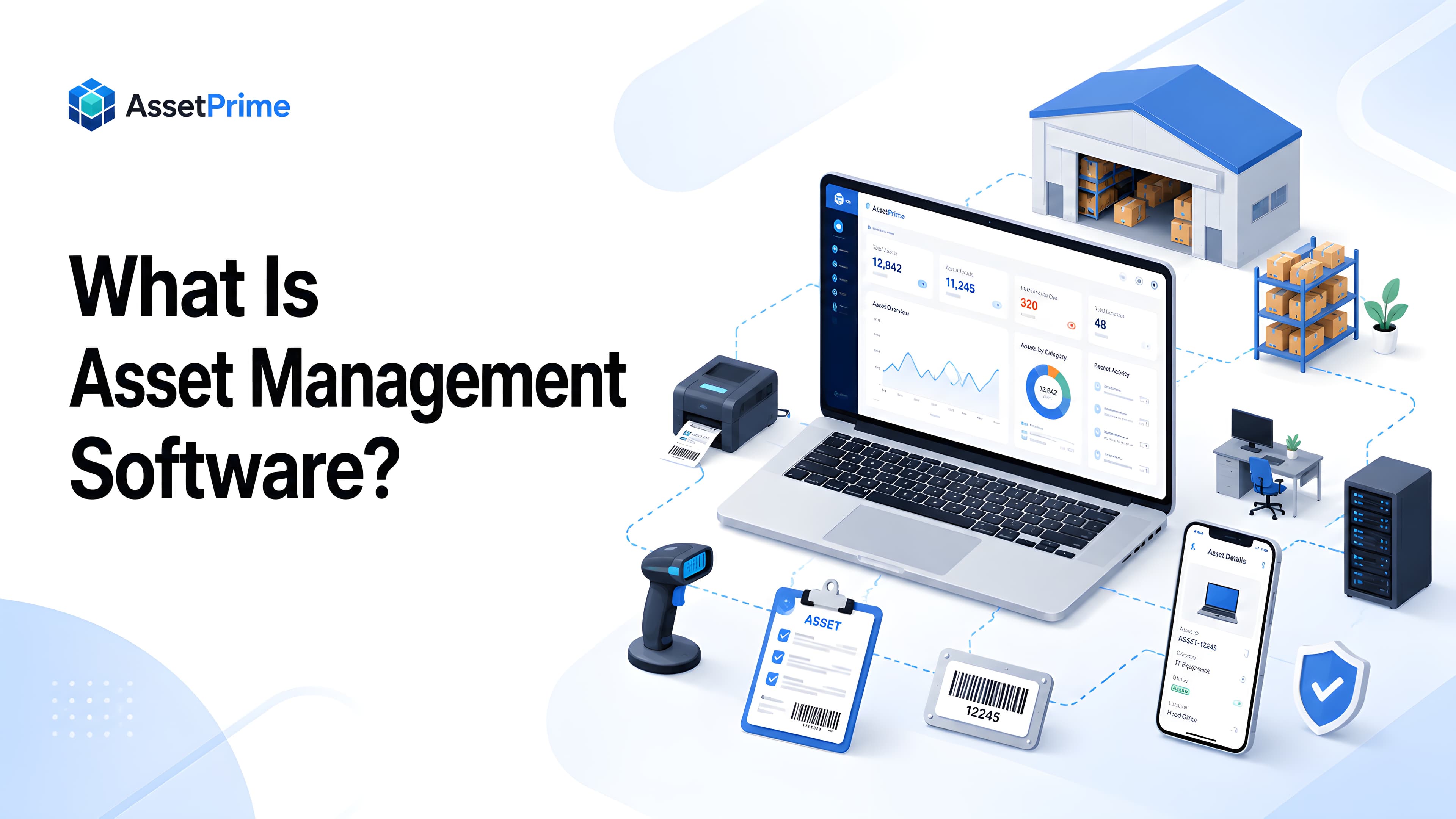 Complete asset management software guide cover image showing asset lifecycle, barcode tracking, maintenance, reporting, and multi-branch control